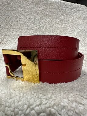 Michael Kors Wide Red Leather Belt, Gold Tone Buckle with name on front, XL, EUC